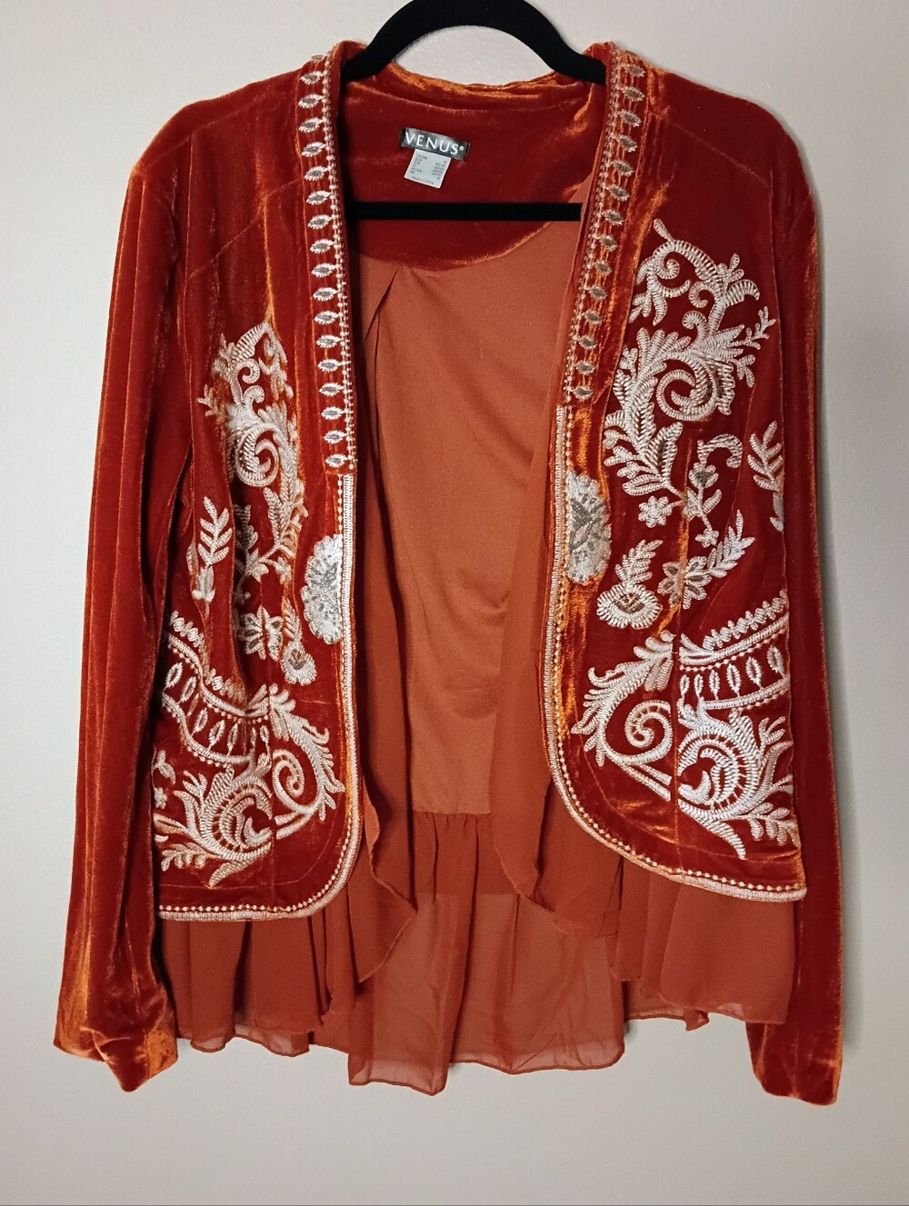 VENUS Embroidered Open Front Cardigan Rust Orange Chiffon Trim Boho Size M